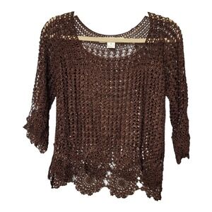 Bette Paige Brown Crocheted Open Knit Raglan Sleeve Top Medium Boho Coquette